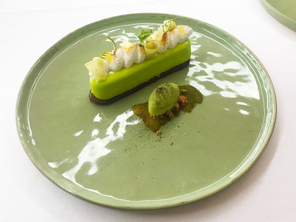 Granny Smith with White Chocolate, Reine Claude, Pistachio and Lime