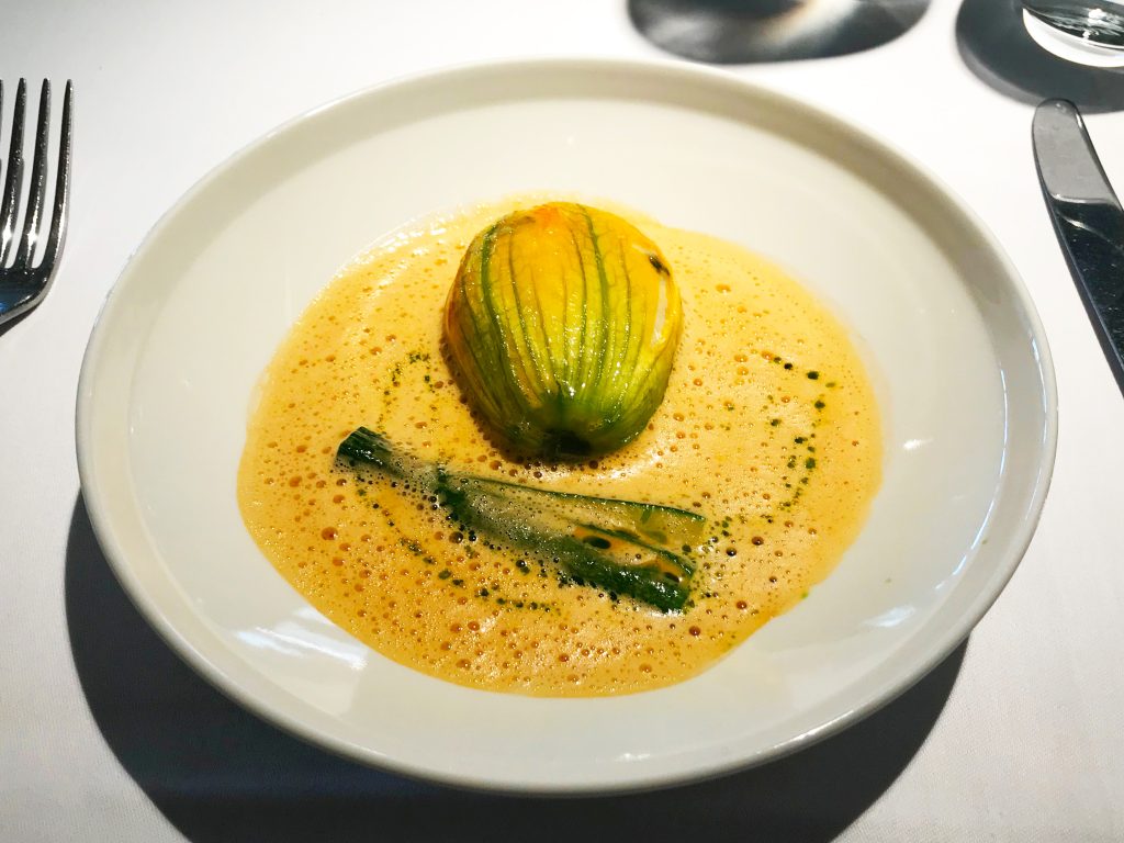 Crab and Scallop Courgette Flower with Creamed Bisque, Lemon Grass & Basil