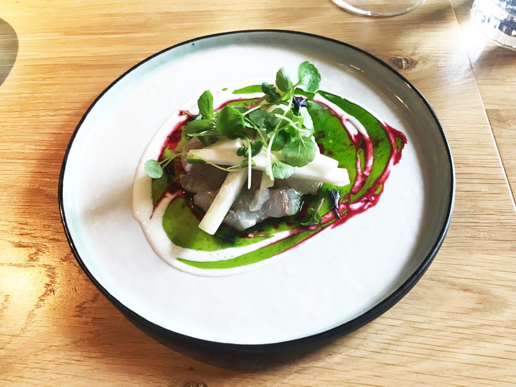 Tartare of Sea Bass with Beet Juice, Herb Oil, Watercress & White Asparagus Crudité 