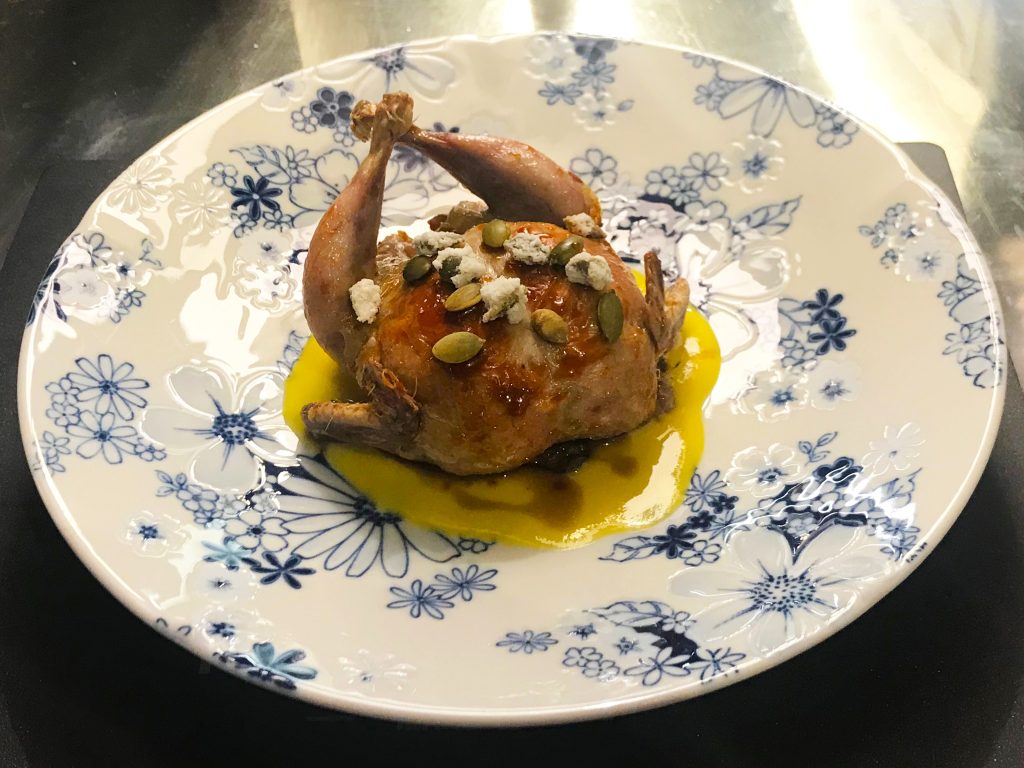Whole Stuffed Rotisserie Quaill with Haggis and Butternut Squash
