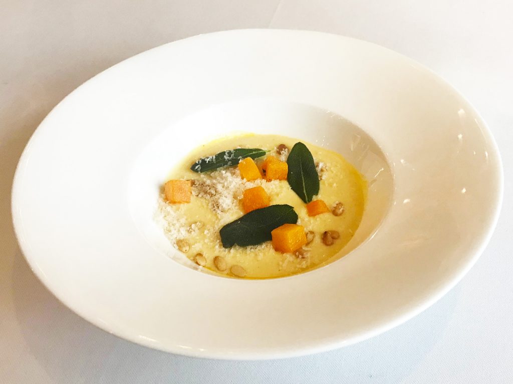 Pumpkin Royale with Parmesan Velouté, Crispy Sage and Toasted Pine Nuts 