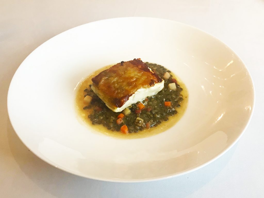 Roasted Cod Fillet with Root Vegetables, Bacon and Lentils