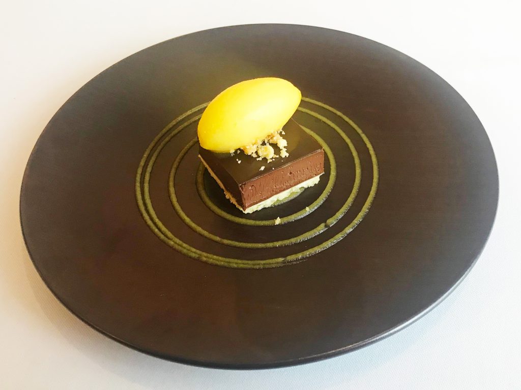 Chocolate Tart, Mandarin Sorbet & Grue de Cocoa Tuile