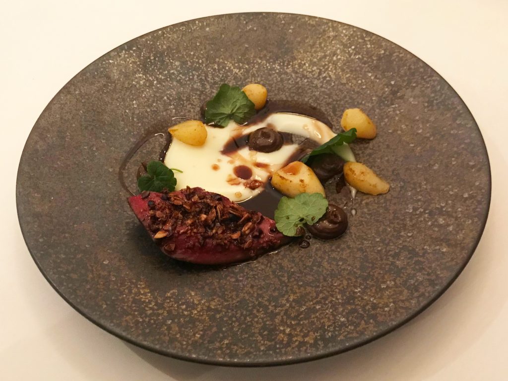 Wood Pigeon, Chervil Tuber, Black Pudding and Chocolate Ganache, Granola