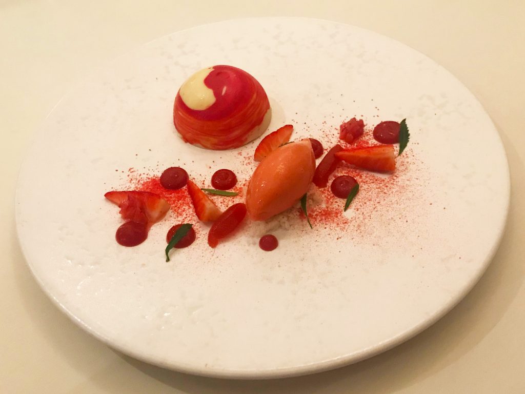 Roasted White Chocolate Parfait, Strawberry Sorbet, Strawberry, Apple Marigold