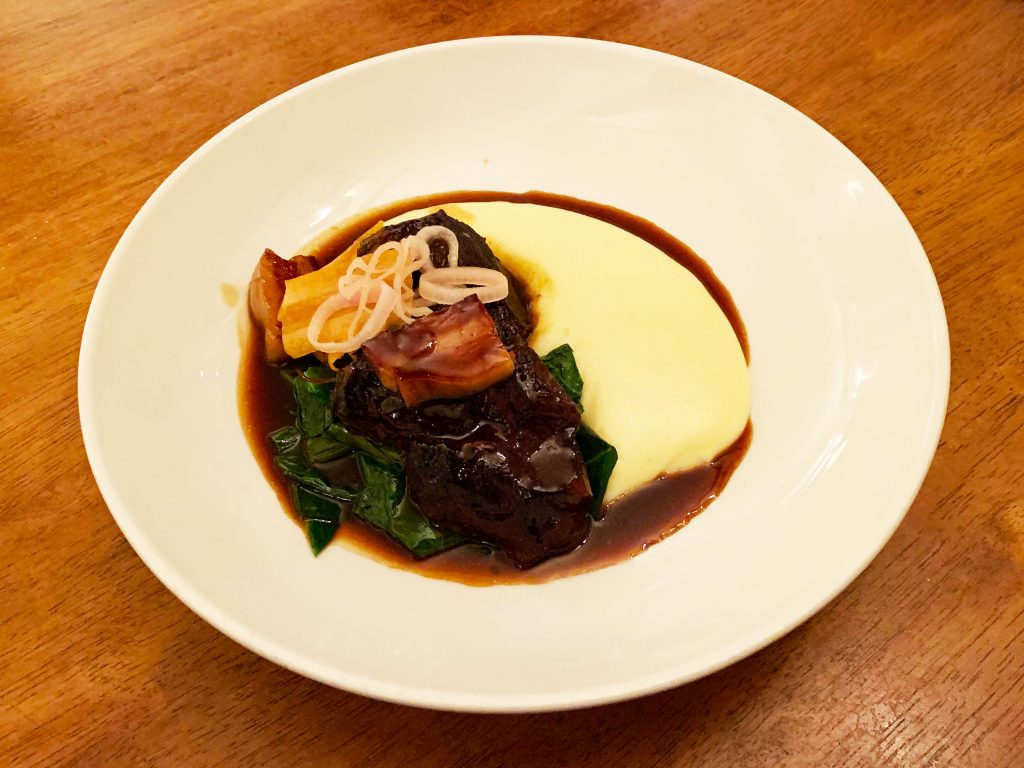Slow Cooked Feather-Blade of Hereford Beef, Creamed Potatoes, Pickled Shallots, Carrot & Bacon
